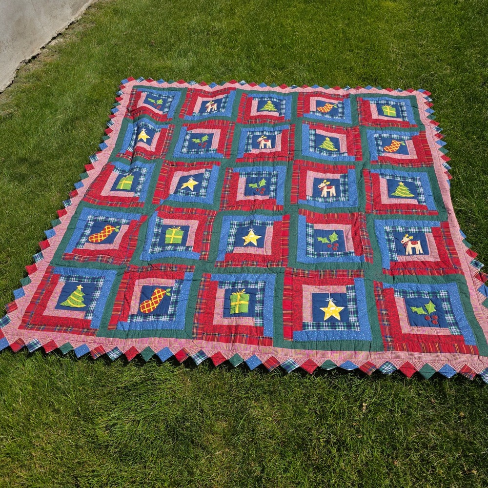 Handmade Christmas Patchwork Quilt Log Cabin Reindeer Star Sawtooth Edge 84x84